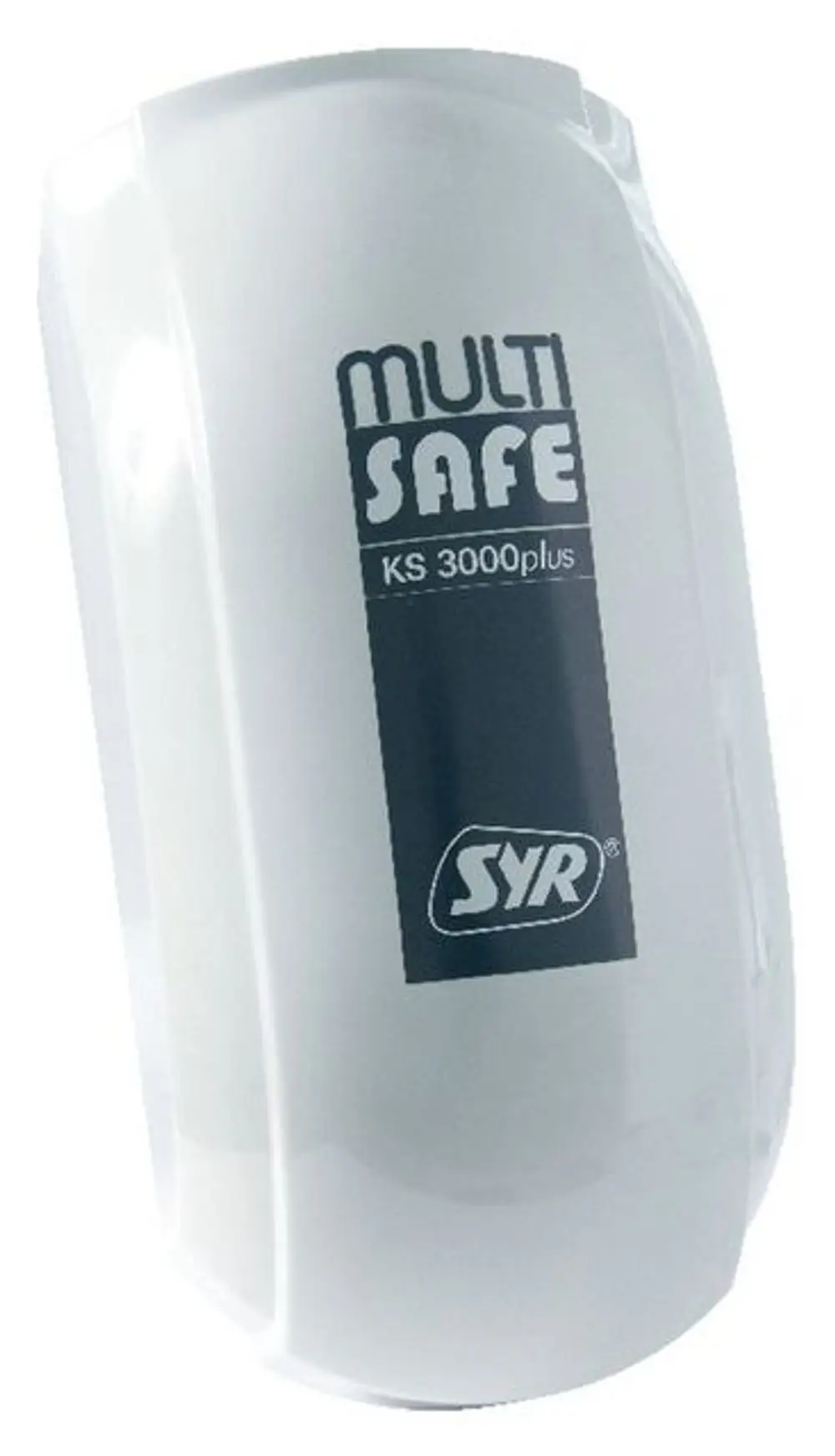 Weißer Kunststoffdeckel mit schwarzem Aufdruck von der Marke SYR, zur Verwendung auf einem spezifischen Multisafe-System.